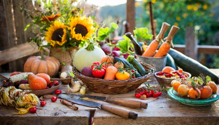 Delve into the essence of seasonal production with our Harvest Bounty on the Table. This vegetarian feast showcases a colorful array of fresh vegetables, celebrating natures finest flavors and textures.の素材