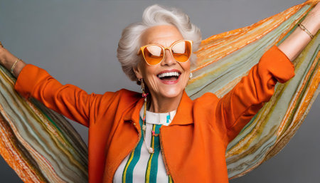 A cheerful senior woman dressed in a colorful orange outfit, wearing cool sunglasses, radiates joy and happiness as she laughs and enjoys life. Captured in a lively outdoor environment, her spirit is infectious.の素材