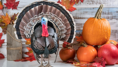 Embrace the spirit of Thanksgiving Day with this stunning image featuring a beautifully cooked turkey surrounded by vibrant fall decorations. Perfect for capturing the essence of gratitude and family gatherings.の素材