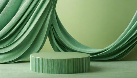 This stunning image showcases a green podium display adorned with a satin wave curtain, set against a vibrant green background. The empty pedestal invites creativity for naturalthemed presentations or events.の素材