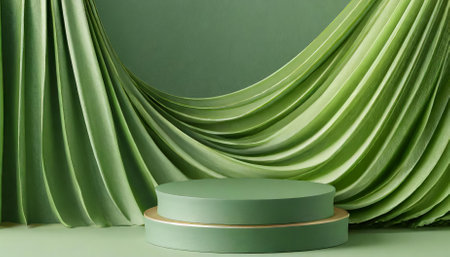 This stunning image showcases a green podium display adorned with a luxurious satin wave curtain against a vibrant green background. Ideal for naturalthemed events, the empty pedestal invites creativity.の素材