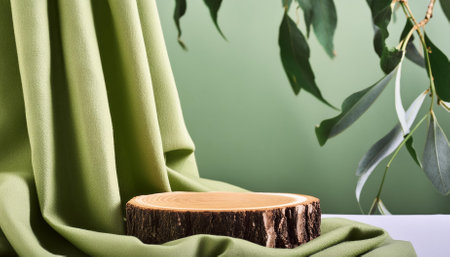 This captivating image showcases a green podium display adorned with a satin wave curtain, set against a vibrant green background. The empty pedestal invites natural elements for a stunning presentation.の素材