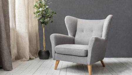 Elevate your space with this elegant gray Scandinavian armchair, featuring a sleek and modern design. Perfect for any room, it combines comfort and style with its soft upholstery and sturdy wooden legs, making it a perfect addition to your home decor.の素材