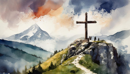 This stunning watercolor artwork titled Good Friday Crossen On Mount Calvary captures the poignant moment of the crucifixion. It invites viewers to reflect on the themes of sacrifice, redemption, and hope during the solemn observation of Good Friday.の素材