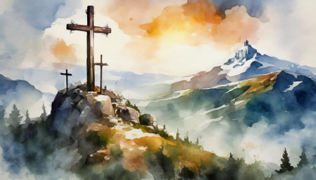 This exquisite watercolor artwork titled Good Friday Crossen On Mount Calvary beautifully illustrates the poignant moment of crucifixion. It evokes deep emotions of sacrifice, faith, and redemption.の素材