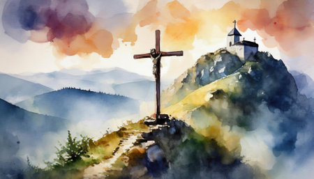 This stunning watercolor artwork titled Good Friday Crossen On Mount Calvary captures the essence of sacrifice and redemption. The serene depiction invites viewers to reflect on the profound significance of Good Friday.の素材