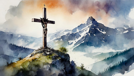This exquisite watercolor artwork titled Good Friday Crossen On Mount Calvary beautifully illustrates the solemnity of the crucifixion. The painting evokes deep emotions and reflections on faith, hope, and redemption.の素材