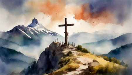 This exquisite watercolor painting titled Good Friday Crossen On Mount Calvary captures the solemnity of the crucifixion. The artwork invites viewers to reflect on themes of sacrifice, redemption, and hope, making it a profound representation of faith.の素材