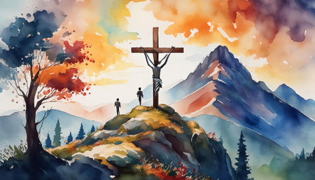 This exquisite watercolor artwork titled Good Friday Crossen On Mount Calvary captures the profound moment of the crucifixion. The piece invites viewers to reflect on themes of sacrifice, faith, and the deep spiritual significance of Good Friday.の素材