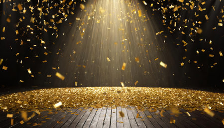 This stunning image captures a golden confetti rain cascading down onto a festive stage, highlighted by a powerful light beam in the center. The empty room at night creates a magical atmosphere, perfect for celebrations.の素材