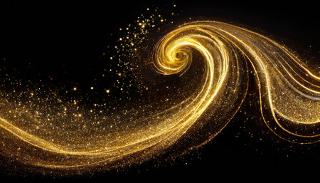 This stunning image showcases a captivating swirl wave style featuring golden sparkle trail dust. Ideal for backgrounds, digital art, or any project needing a vibrant and luxurious touch, it embodies elegance and creativity.の素材