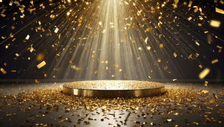 This stunning image captures a golden confetti rain cascading down onto a festive stage illuminated by a brilliant light beam in the center. The empty room at night enhances the enchanting ambiance, perfect for celebrations.の素材