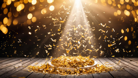 A stunning image of golden confetti showering down onto a vibrant festive stage, beautifully illuminated by a central beam of light. This captivating scene encapsulates the essence of celebration, joy, and excitement.の素材
