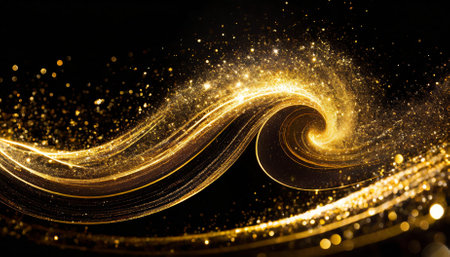 Experience the enchanting beauty of golden sparkle trail dust captured in a swirl wave style. This stunning image showcases radiant golden hues and intricate patterns that evoke a sense of magic and wonder, ideal for creative uses.の素材