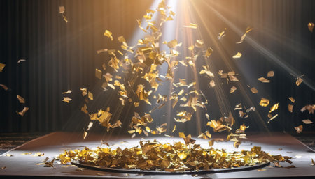 This captivating image showcases a golden confetti shower cascading onto a vibrant festive stage, beautifully illuminated by a central beam of light. It captures the essence of celebration, joy, and excitement.の素材