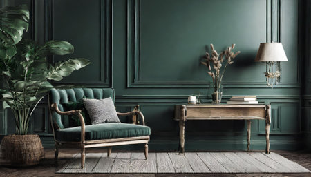 Explore this captivating D render of a home mockup set against a dark green room interior background. Ideal for interior designers and decorators seeking inspiration for creating cozy, stylish spaces.の素材