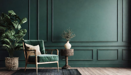 This captivating D render showcases a stylish home mockup set against a dark green room interior background. Perfect for designers, architects, and home decor enthusiasts seeking inspiration for modern living spaces.の素材