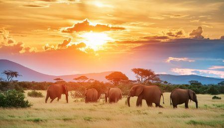A breathtaking scene of a herd of elephants gracefully traversing the savanna as the sun sets, illuminating the sky with vibrant hues. This image showcases the elegance and strength of these magnificent creatures in their wild environment.の素材