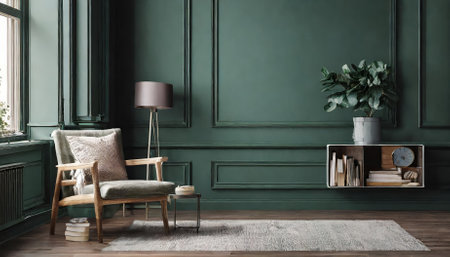 Explore this exquisite D render showcasing a dark green room interior mockup, designed with modern aesthetics, stylish furniture, and decorative elements that create a warm and inviting atmosphere.の素材