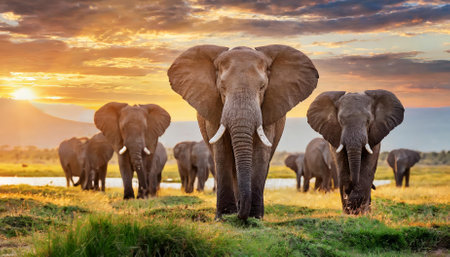 Witness the serenity of a herd of elephants gracefully traversing the vast savanna during a stunning sunset. This captivating moment showcases the elegance and strength of these magnificent creatures in their wild environment.の素材