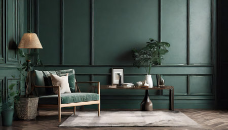 Explore this captivating D render of a home mockup set against a rich dark green room interior background. Ideal for showcasing modern design concepts and decorating ideas for any space.の素材
