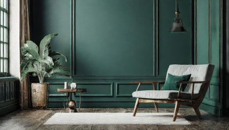 Discover this captivating home mockup showcasing a dark green room interior background. This D render is perfect for interior design projects, marketing materials, and creative presentations, offering a stylish and modern aesthetic.の素材
