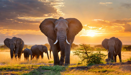 This stunning photograph showcases a herd of elephants gracefully traversing the savanna during a breathtaking sunset. The warm hues of the sky create a serene backdrop, highlighting the elephants majestic presence.の素材