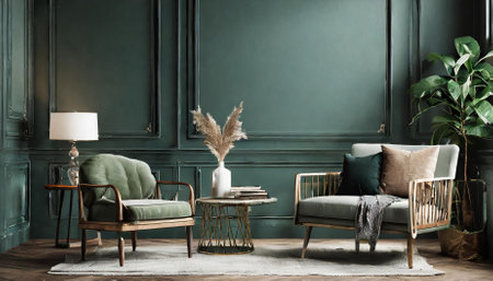 Explore this captivating home mockup showcasing a dark green room interior background. This stunning D render offers a unique perspective for interior design enthusiasts and home decor professionals alike, inspiring creativity.の素材
