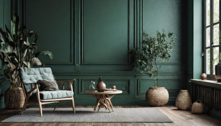 Explore this stunning home mockup with a dark green room interior background, rendered in D. Ideal for designers and marketers, it beautifully highlights interior design concepts, decor styles, and creative projects.の素材