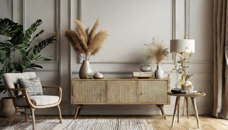 Explore this stunning D render of a contemporary living room showcasing a beautifully designed commode and tasteful decor elements. Perfect for interior design inspiration and home staging.の素材