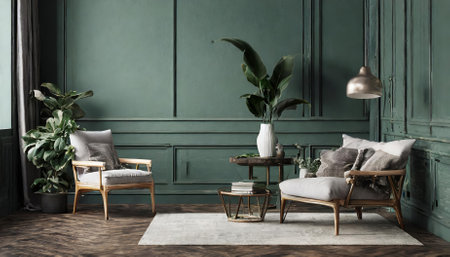 Explore this captivating D render of a dark green room interior mockup, showcasing a harmonious blend of modern design elements and cozy aesthetics. Perfect for home decor inspirationの素材