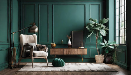 Explore this exquisite D render of a dark green room interior, featuring elegant furnishings and decor elements. Ideal for designers, marketers, and homeowners seeking inspiration for contemporary living spaces.の素材