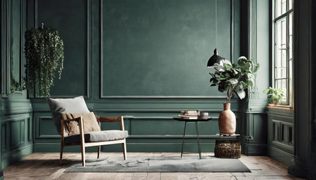 Explore this stunning D render of a dark green room interior, showcasing a sophisticated home mockup. The design features luxurious textures and contemporary decor, perfect for inspiration in modern living spaces.の素材