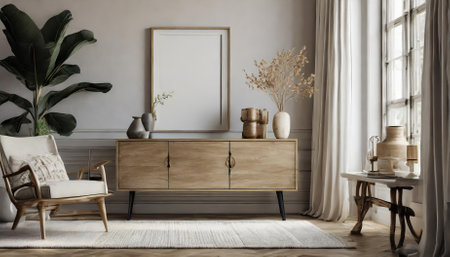 Explore this exquisite D render of a contemporary living room mockup showcasing a chic commode and tasteful decor. Ideal for interior design projects, this image offers a glimpse into stylish home aesthetics.の素材