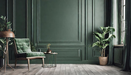 This captivating D render showcases a beautifully designed dark green room interior, perfect for home mockups. Ideal for designers and decorators, it highlights modern aesthetics and sophisticated decor ideas.の素材
