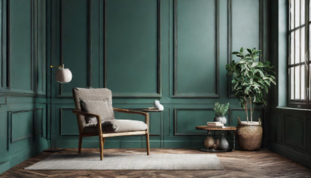 Explore this exquisite home mockup with a dark green room interior background, captured in a detailed D render . Perfect for interior design projects, presentations, and visual inspiration.の素材