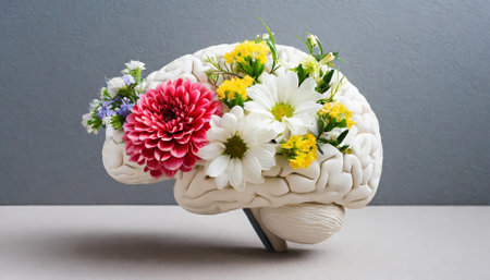 This captivating image showcases a human brain adorned with decorative flowers, symbolizing creativity and a refreshing mindset. It highlights the importance of positive mental health and emotional wellbeing.の素材