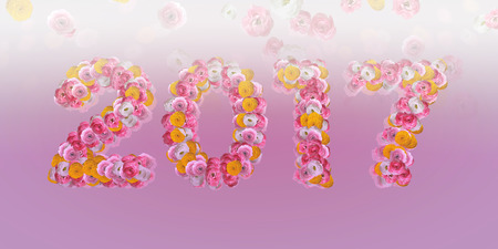 2017 Floral Typo with ranunculus in big letters on pinkの写真素材