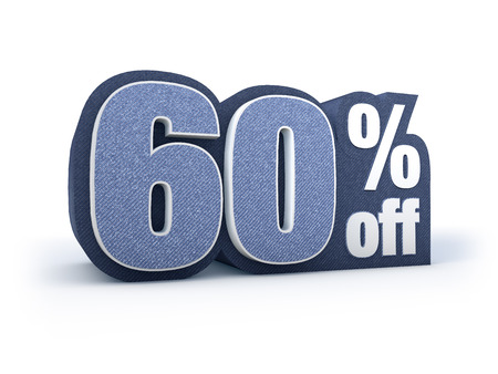 Discount price sign in blueish denim look, isolated on white background, 3D rendering