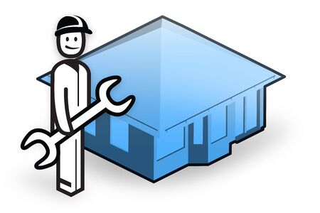 Plumber with tool in front of little houseの写真素材