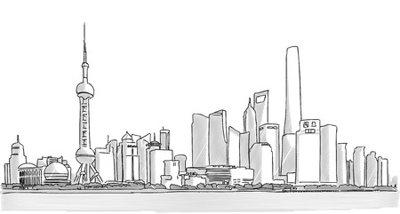 Shanghai Downtown Panorama Freehand Drawing with Skyscrapers and River Yangtze in Foregroundのイラスト素材