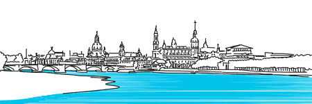 Dresden Panaroma Sketch, colored river Elbe with Augustus Bridge in Foreground, Vector colored Versionのイラスト素材
