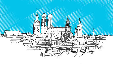 On the roofs of Munich, Vector Outline Sketch with bblue backgroundのイラスト素材