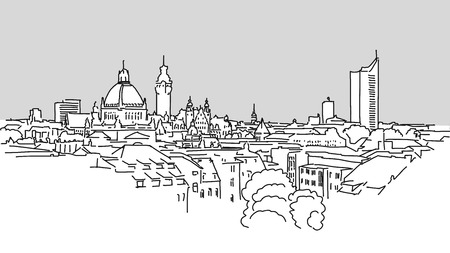 Leipzig Skyline Vector Outline Sketch with grey Backgroundのイラスト素材