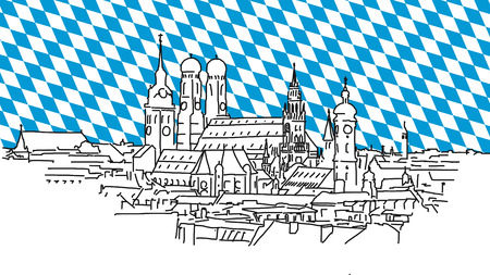 On the roofs of Munich, Vector Outline Sketch with bavarian Flag in backgroundのイラスト素材