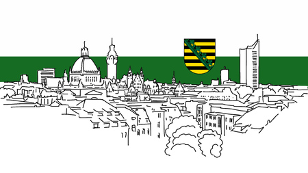 Leipzig Skyline Vector Outline Sketch with saxonian Flag in Backgroundのイラスト素材