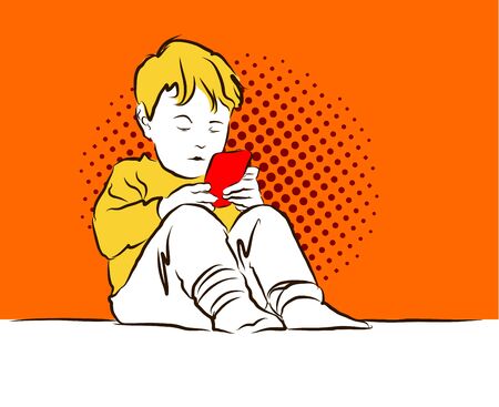 Little Boy Playing with Mobile. Colorful Vector Vintage Artwork. Hand Drawn.のイラスト素材