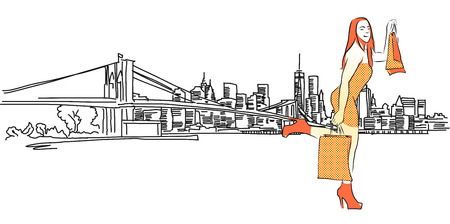 Shopping Queen in Front of New York Panorama, Vector outline Sketchのイラスト素材
