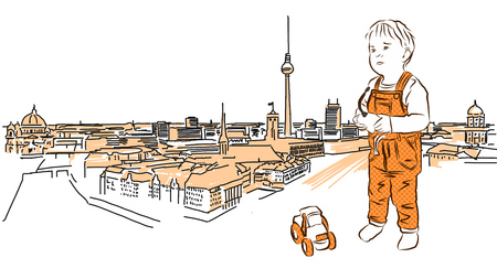Little Child plays in Front of Berlin Panorama. Hand Drawn, Orange Colored Sketch.のイラスト素材