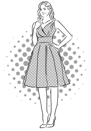 Beatiful Girl Standing in Front of Dotted Background. Vinatge Artwork. Hand Drawn Vector Sketch.のイラスト素材